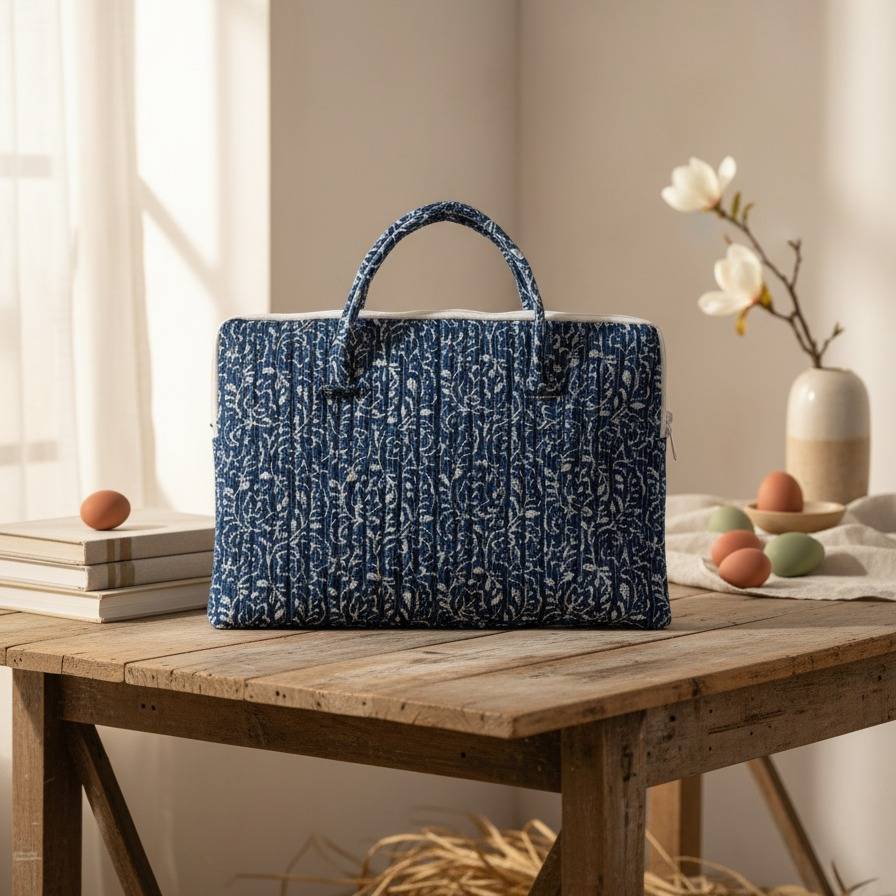 Indigo -white Ajrakh Floral Print Laptop Bag