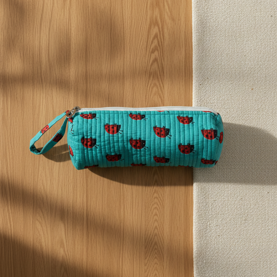 Turquoise Bagru Buti Print Pencil Pouch