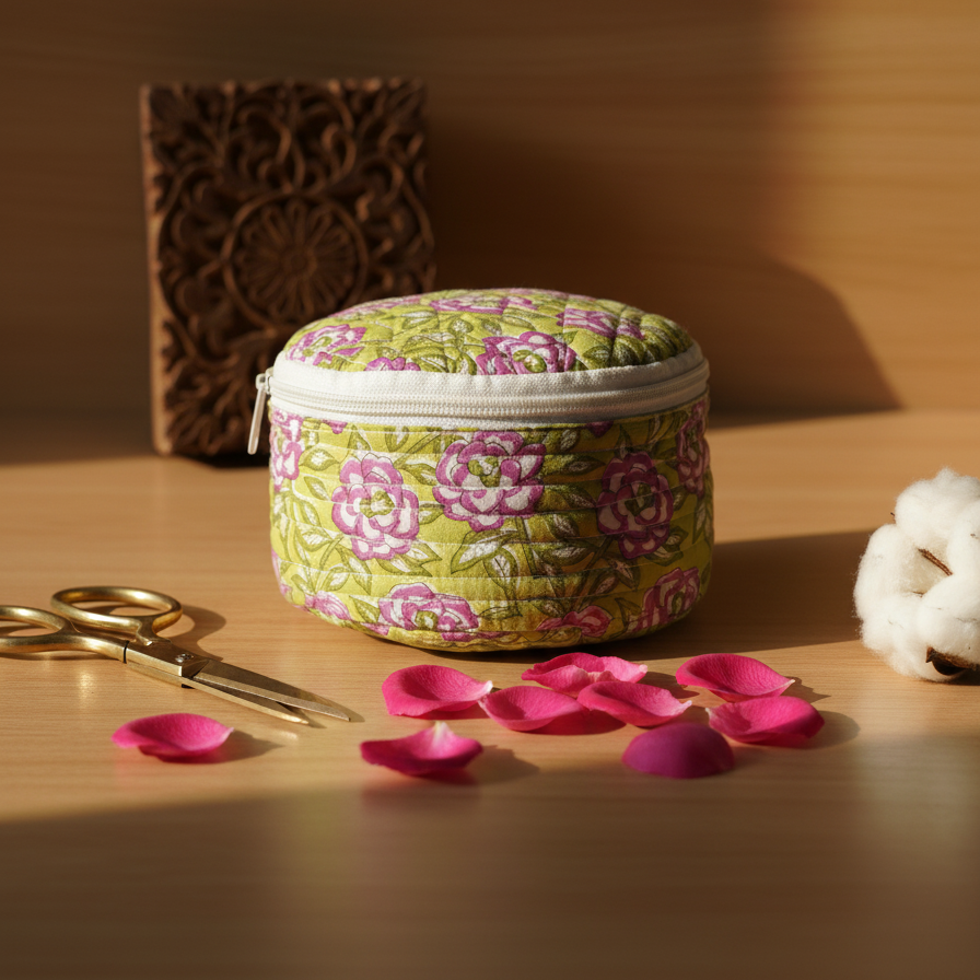 Green Pink Floral Print Round Vanity Case
