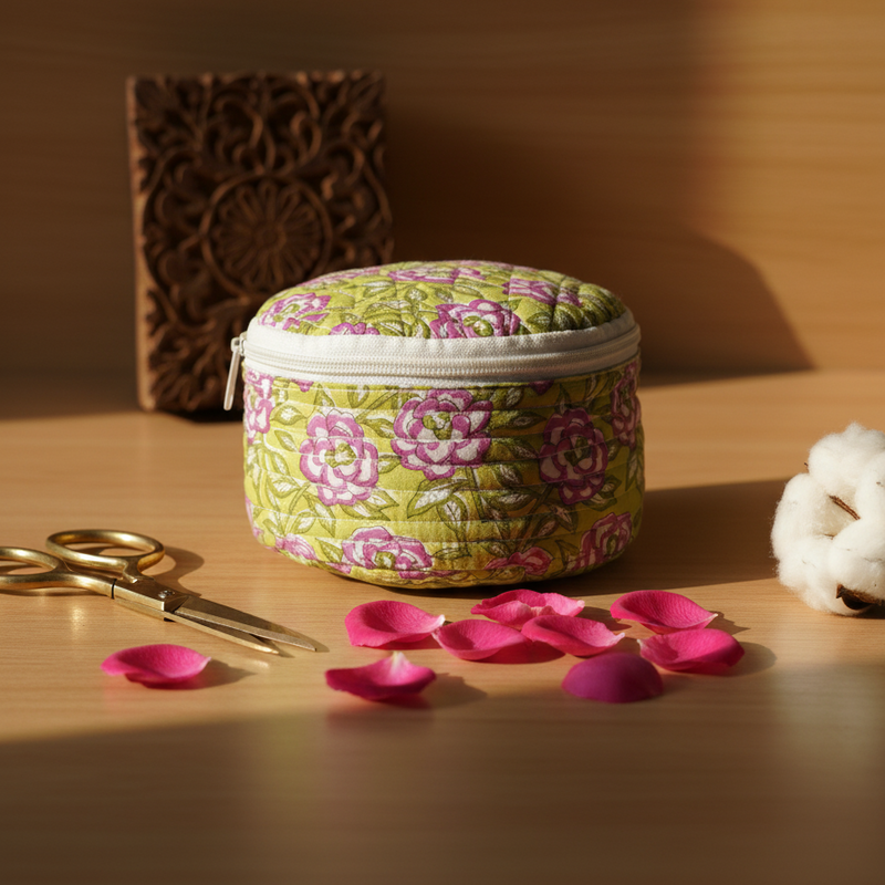 Green Pink Floral Print Round Vanity Case