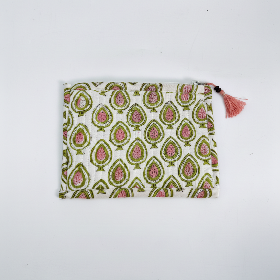 White Green Dabu Buti Print Cotton Pouch