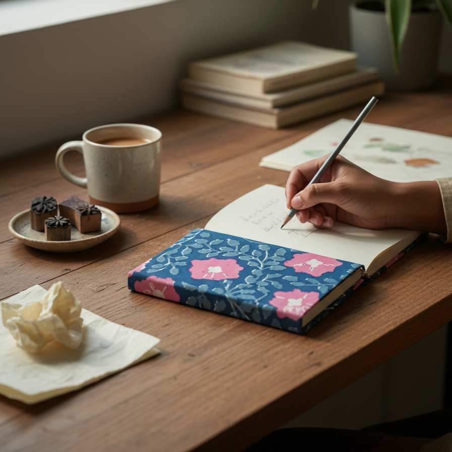Blue Pink Bagru Floral Print Notebook
