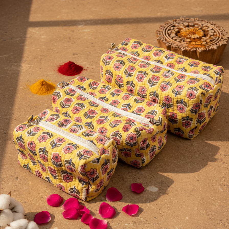 Multicolor Ajrakh Geometric Print Pouch Set of 3