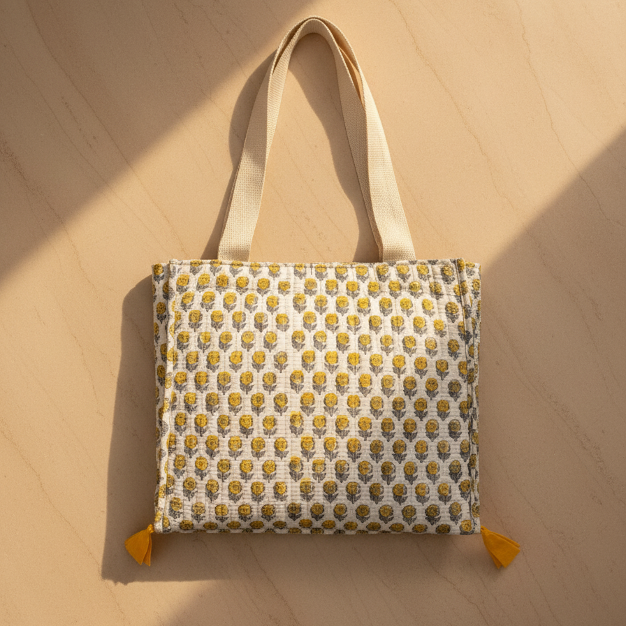 Beige Sanganeri Buta Print Drawstring Tote Bag