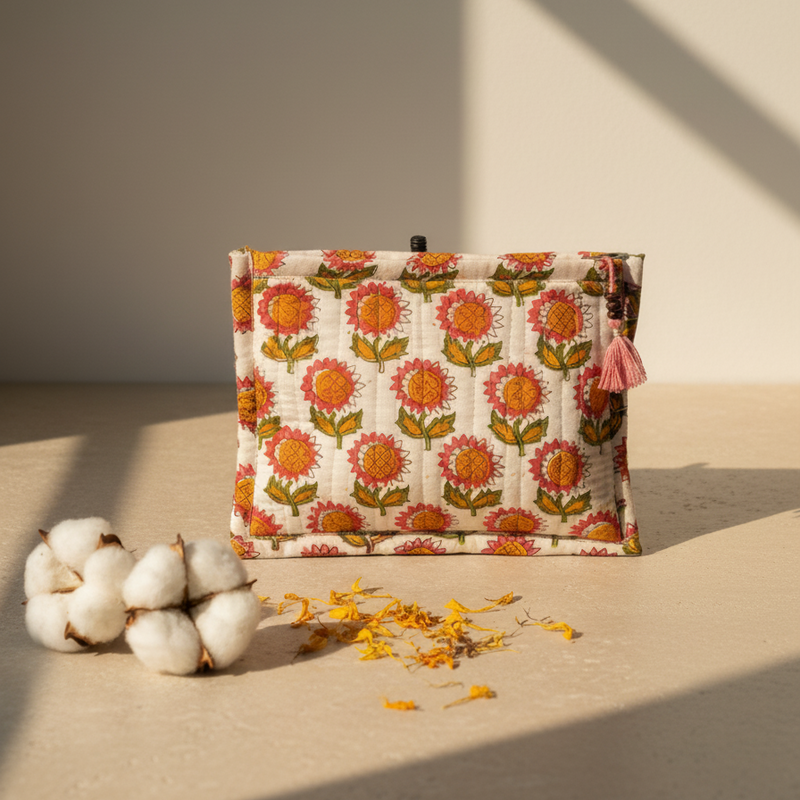White Orange Sanganeri Buti Print Cotton Pouch