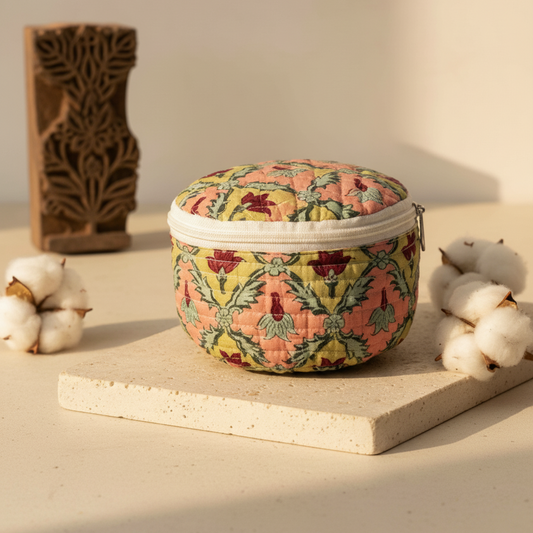 Beige Kalamkari Floral Print Round Jewelry Box