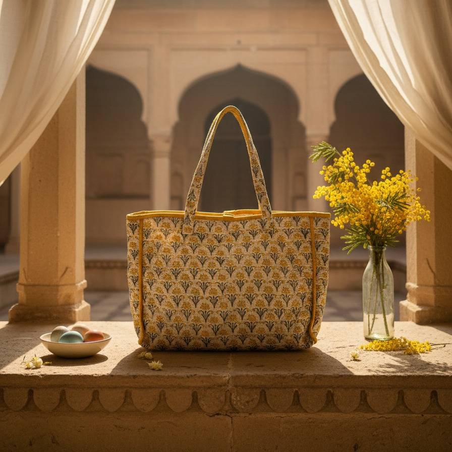Mustard Sanganeri Buta Print Large Tote Bag