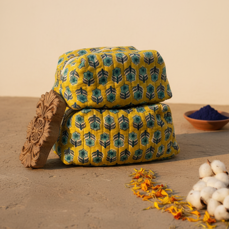 Yellow Bagru Buta Print Organiser Set