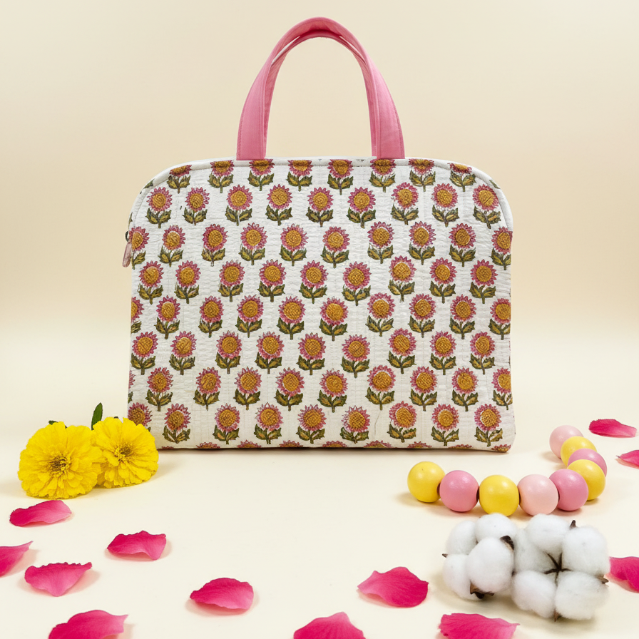 Cream Sanganeri Buta Print Laptop Bag