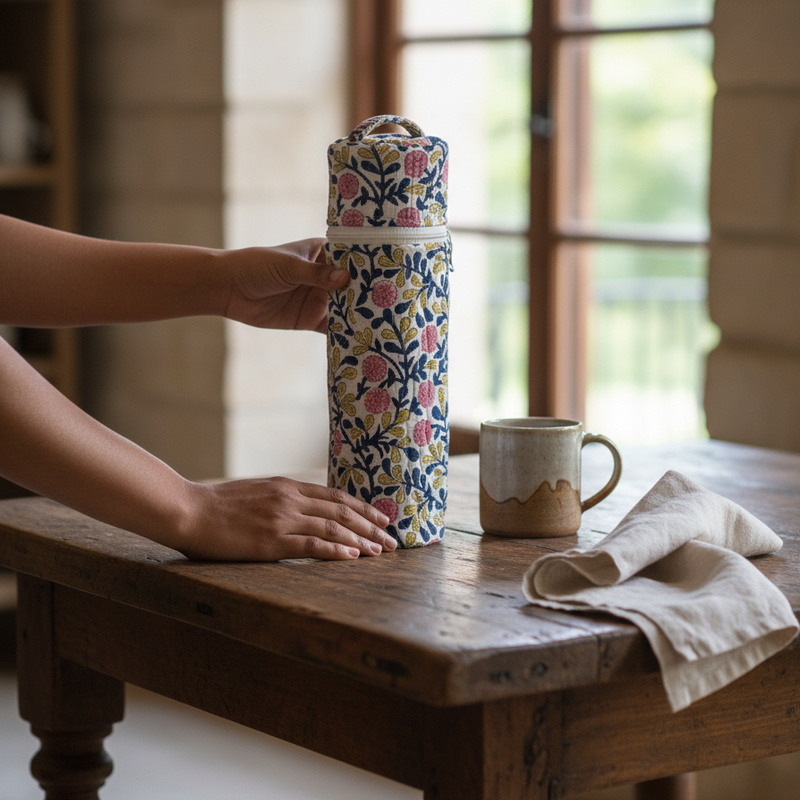 Off White Sanganeri Floral Print Bottle Cover