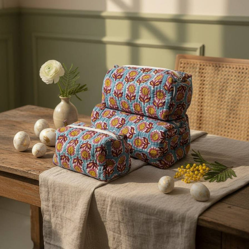 Multicolor Bagru Floral Print Quilted Travel Pouch Set