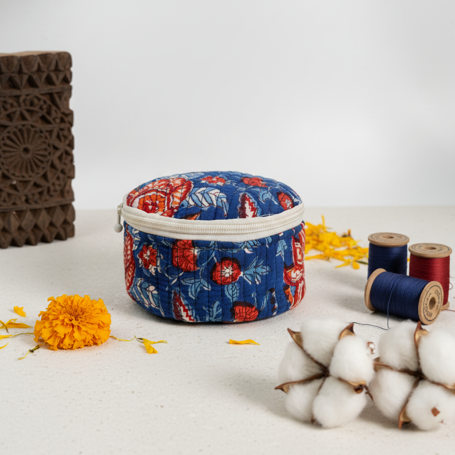 Blue Kalamkari Floral Print Round Jewelry Box