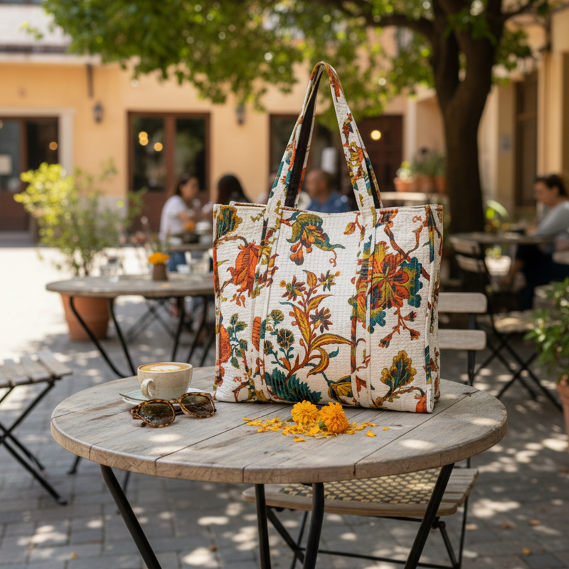Off White Kalamkari Floral Print Tote Bag