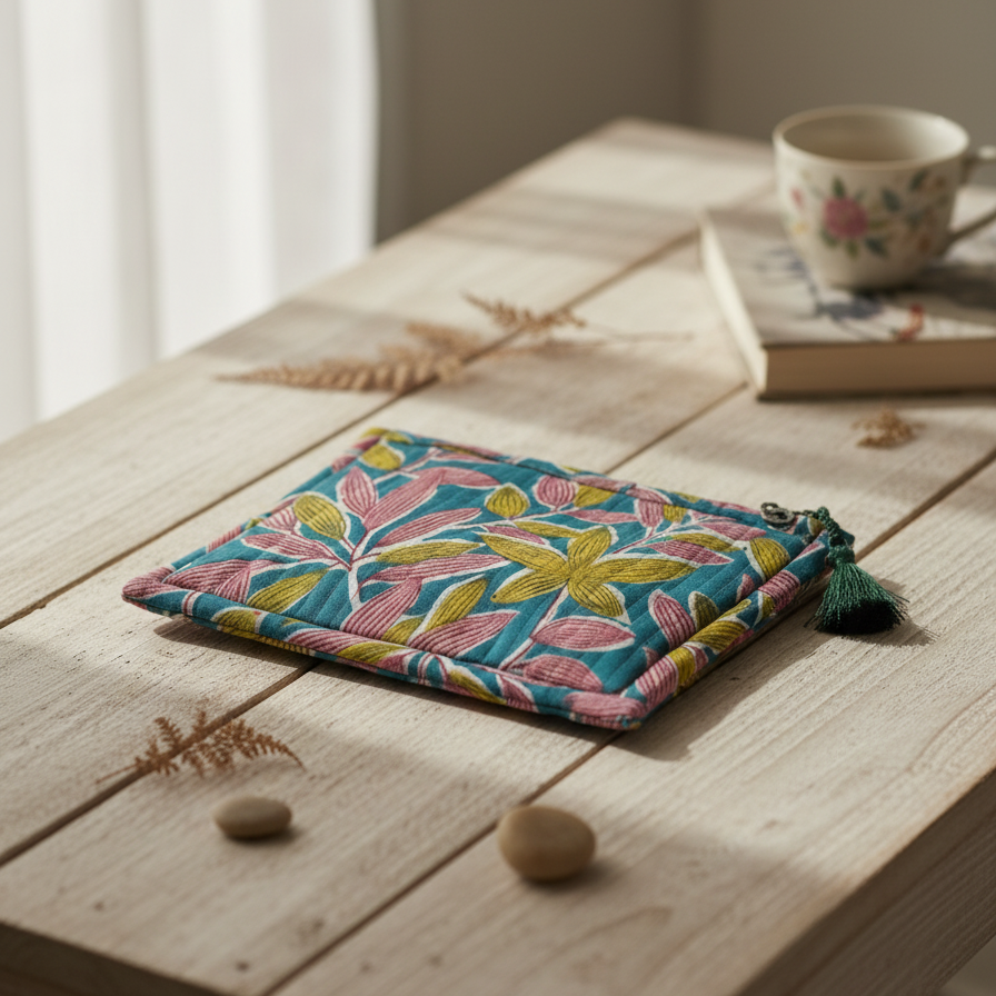 Multicolor Kalamkari Leaf Print Cotton Pouch