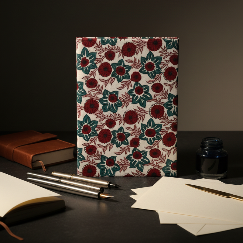 White Red Sanganeri Floral Print Fabric Notebook
