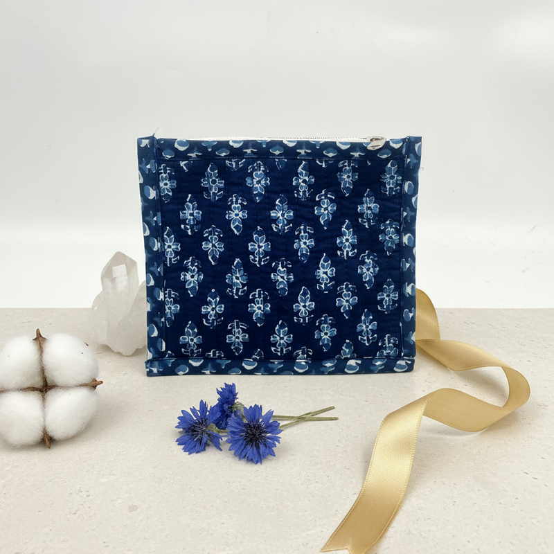 Navy Ajrakh Geometric Print Zipper Pouch