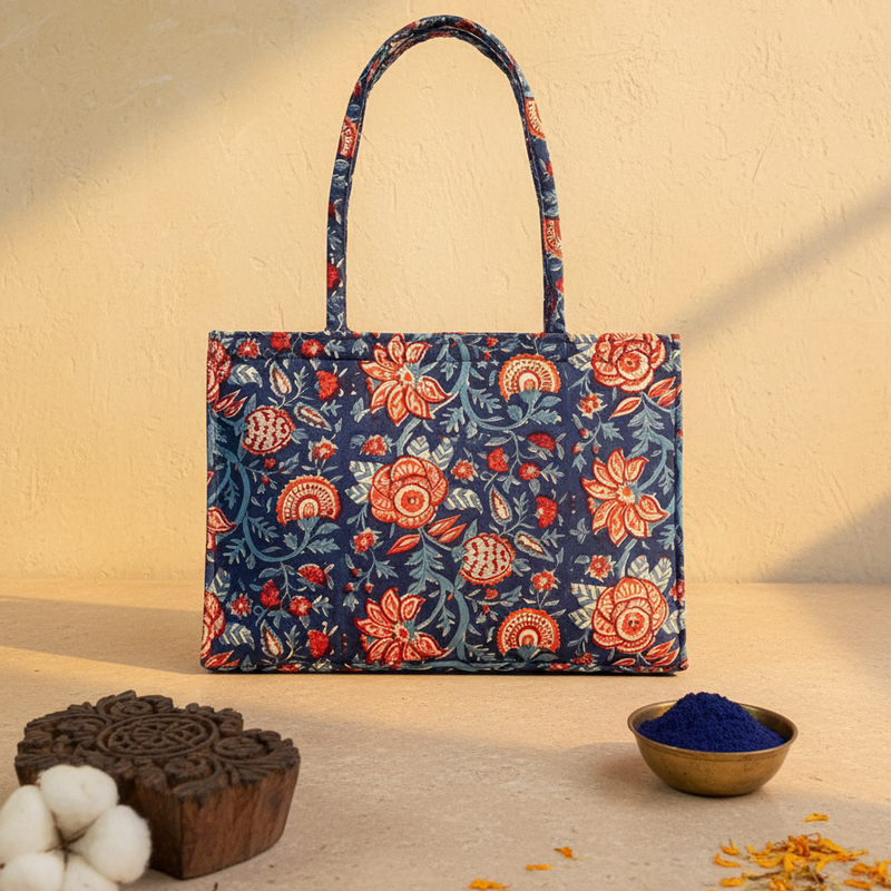 Indigo Bagru Floral Print Tote Bag