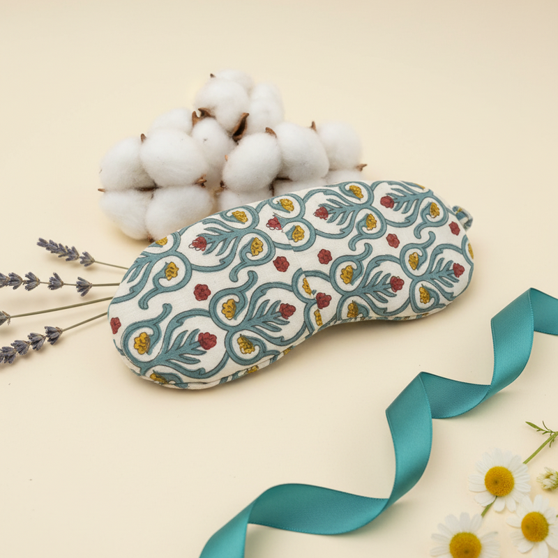 Beige Kalamkari Floral Print Eye Mask