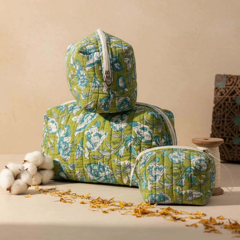 Green Bagru Floral Print Quilted Storage Basket Set