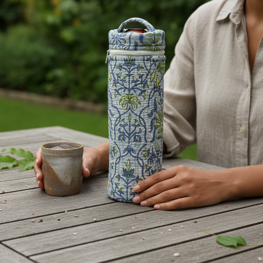 White Blue Sanganeri Floral Print Water Bottle Cover