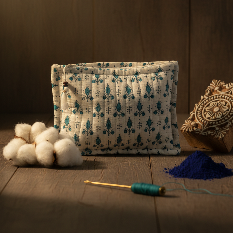 White Blue Sanganeri Buti Print Cotton Zipper Pouch