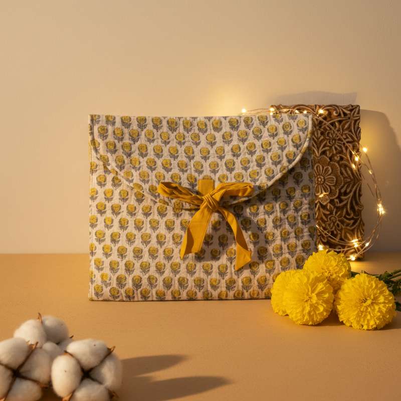 White Yellow Bagru Buti Print Laptop Pouch