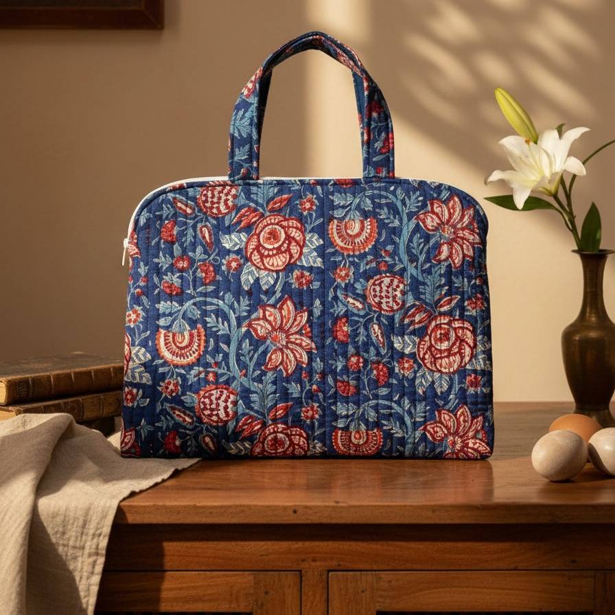 Indigo Bagru Red Floral Print Handbag