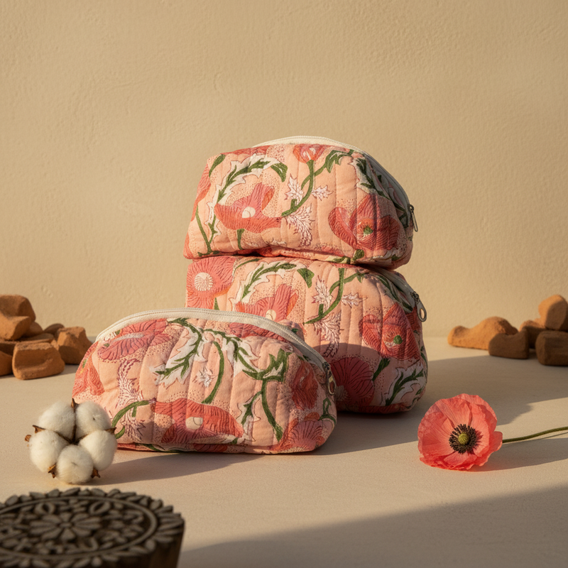 Pink Sanganeri Floral Print Quilted Pouch Set