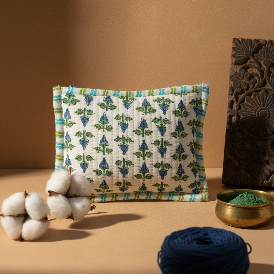 White Green Dabu Buti Print Cotton Pouch