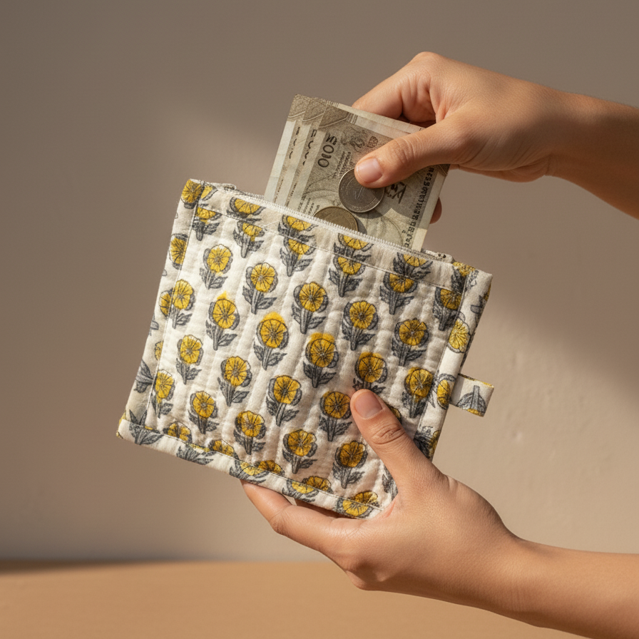 Cream Sanganeri Buta Print Utility Pouch