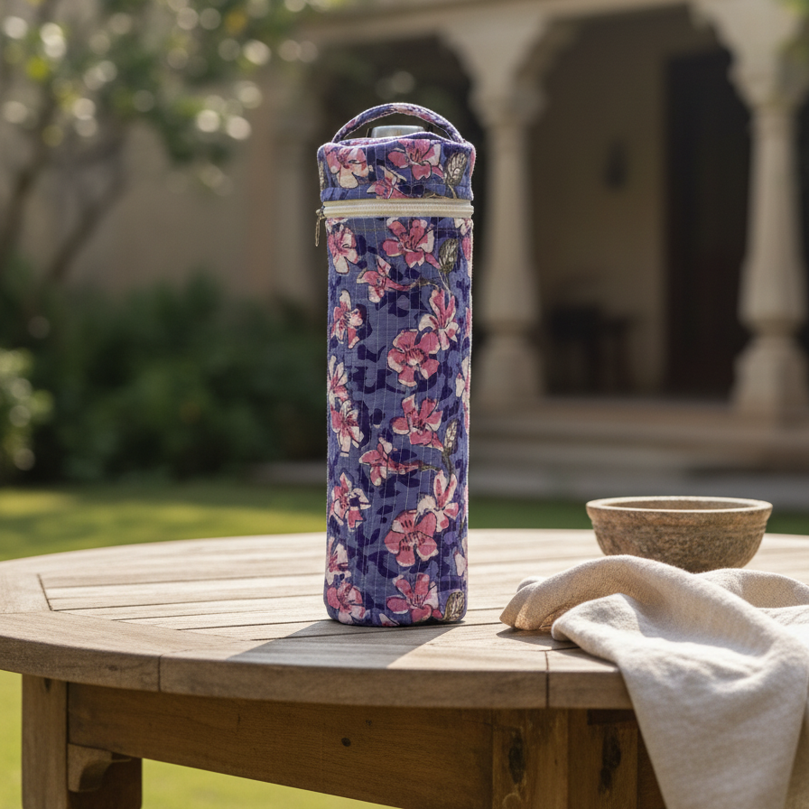 Purple Kalamkari Floral Print Bottle Cover