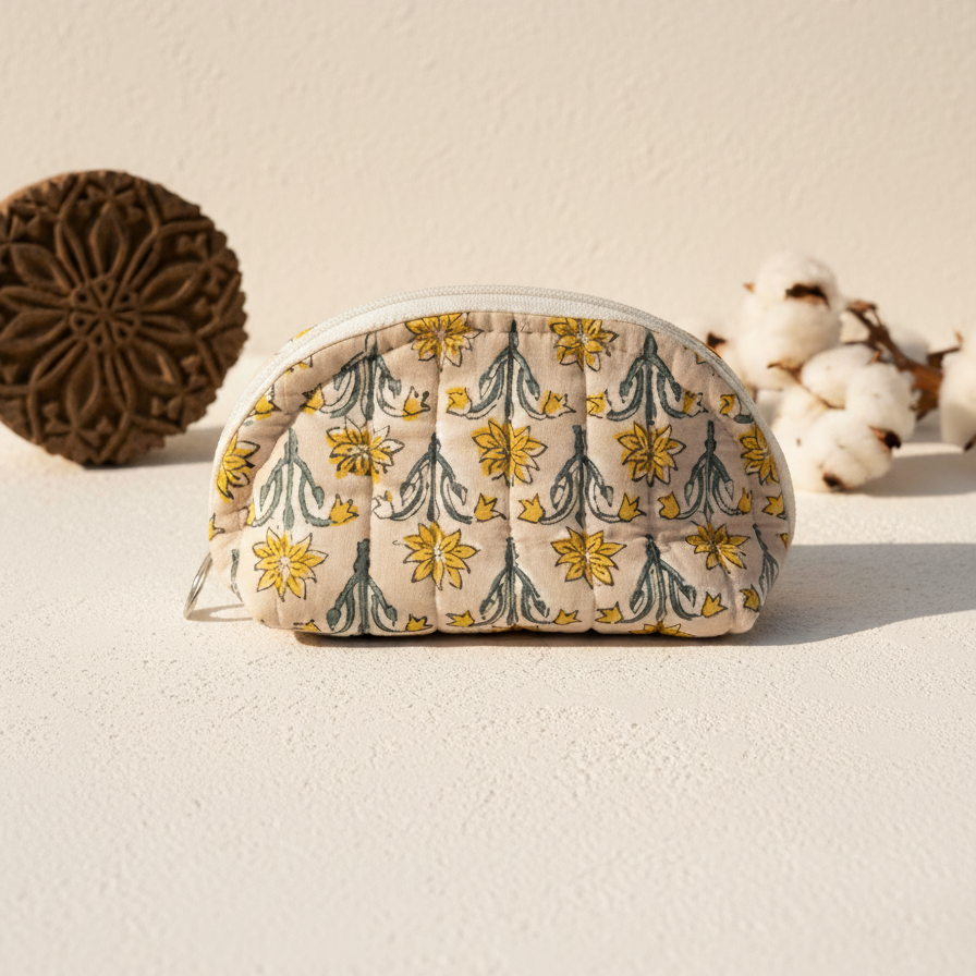 Off White Bagru Floral Print Half Moon Pouch