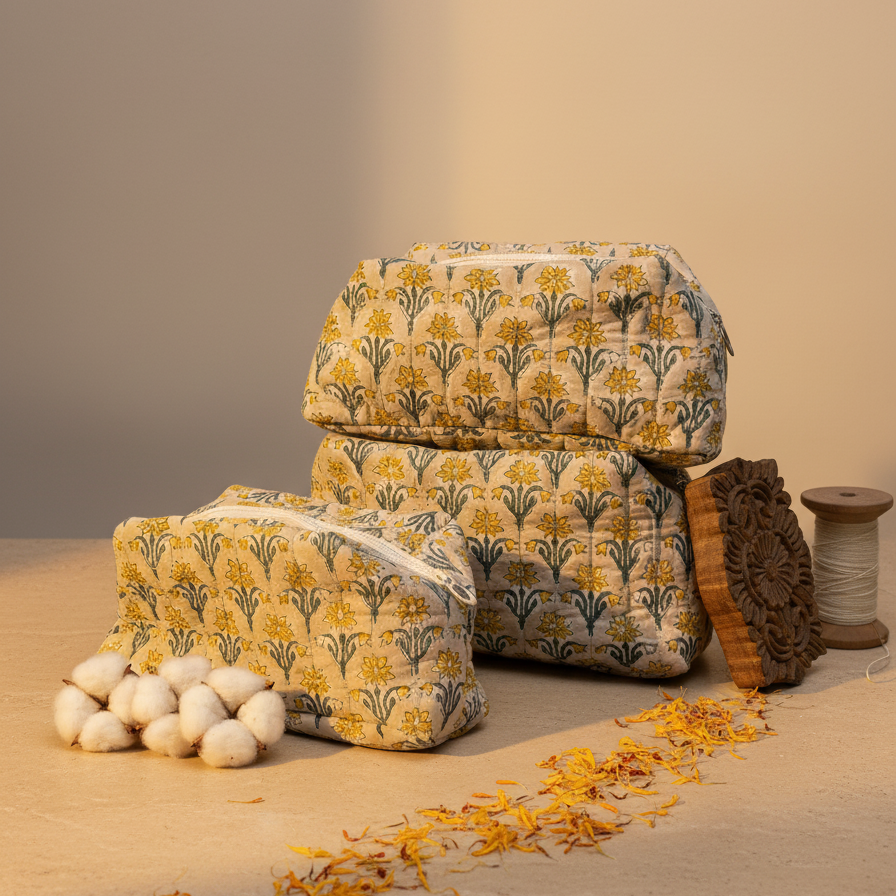 Mustard Bagru Buti Print Pouch Set