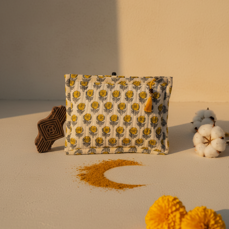 White Yellow Floral Bagru Print Cotton Pouch