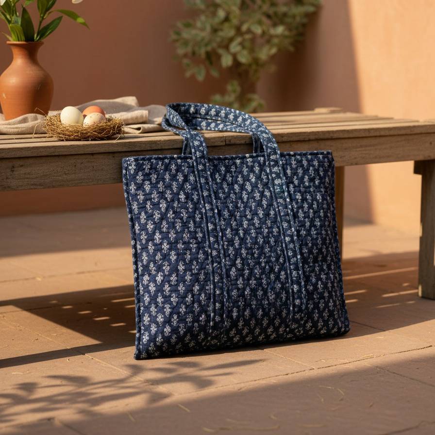 Navy Ajrakh Geometric Print Tote Bag