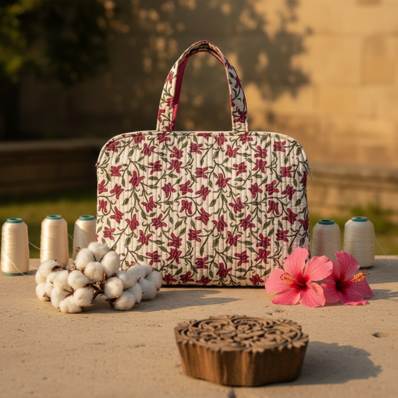Cream Sanganeri Floral Print Handbag