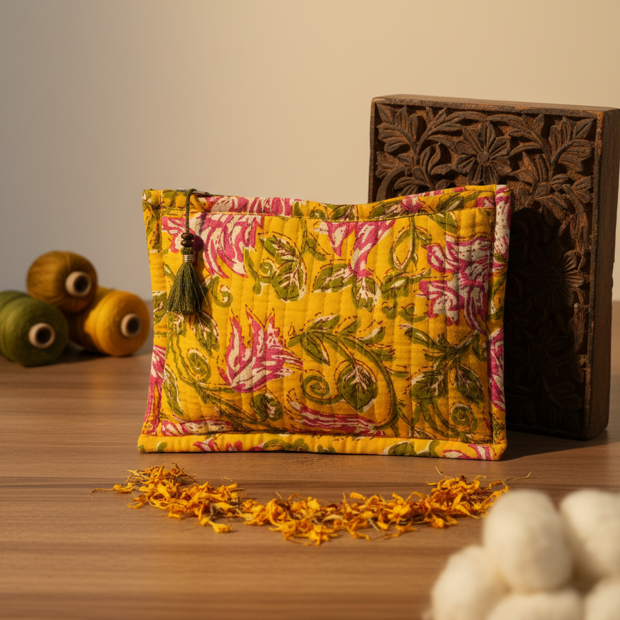 Mustard Kalamkari Floral Leaf Print Cotton Pouch