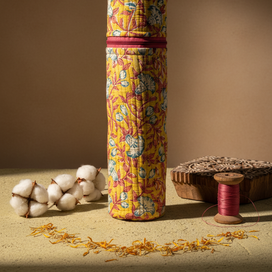 Mustard Kalamkari Floral Print Bottle Cover