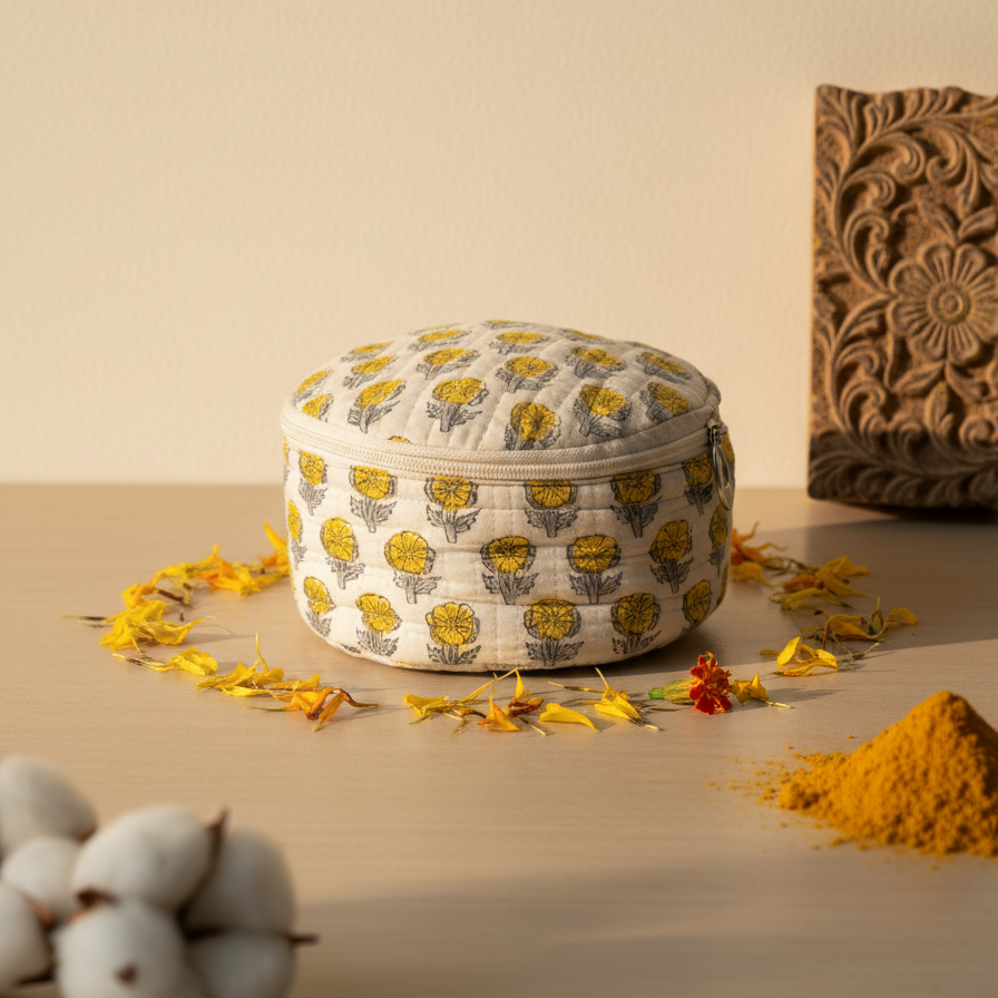 White Yellow Buti Print Round Jewelry Box