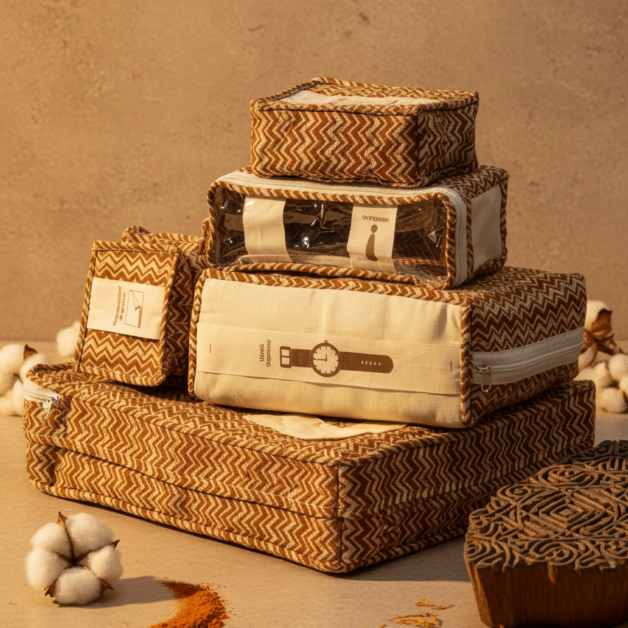 Brown Handwoven Textured Print Travel Organiser Set