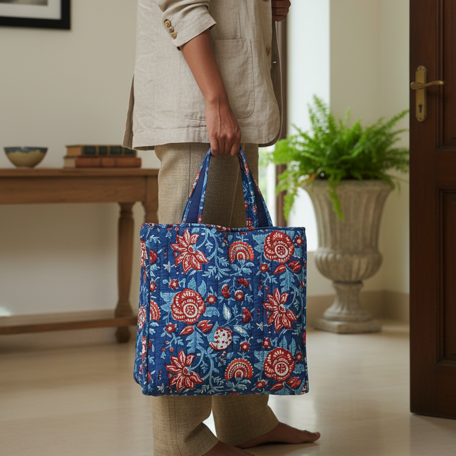 Indigo-Red Bagru Floral Print Shoulder Tote Bag