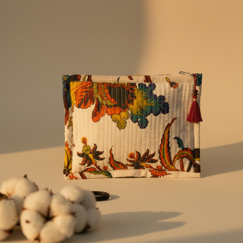 White Multicolor Kalamkari Animal Print Cotton Pouch