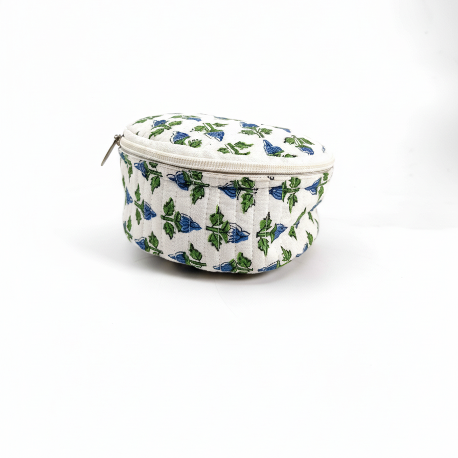 White Green Dabu Floral Print Round Vanity Case