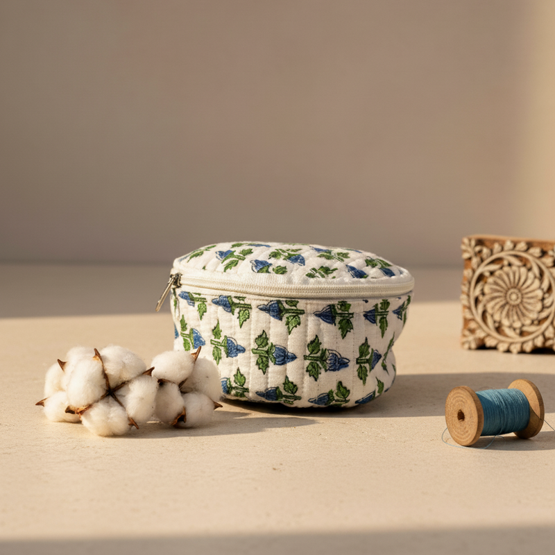 White Green Dabu Floral Print Round Vanity Case