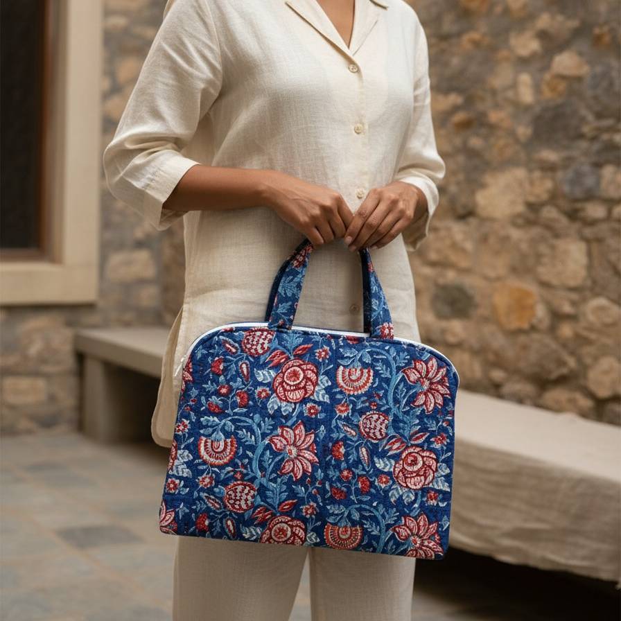 Indigo Bagru Red Floral Print Handbag