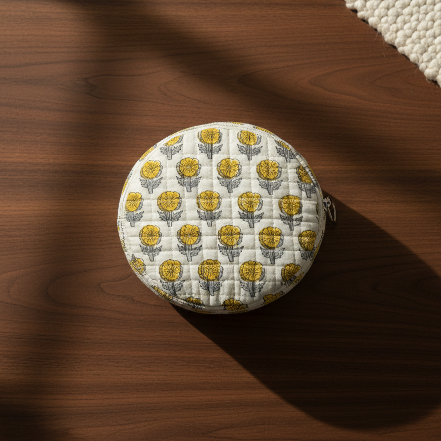 White Yellow Buti Print Round Jewelry Box