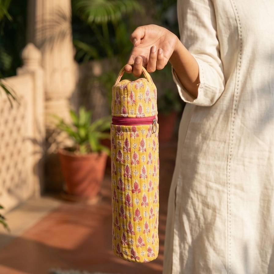 Mustard Sanganeri Booti Print Bottle Cover