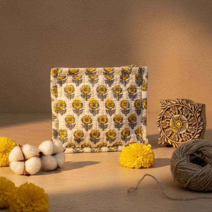 Cream Sanganeri Buta Print Utility Pouch