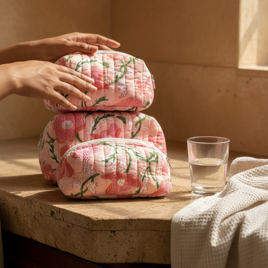 Pink Sanganeri Floral Print Quilted Pouch Set