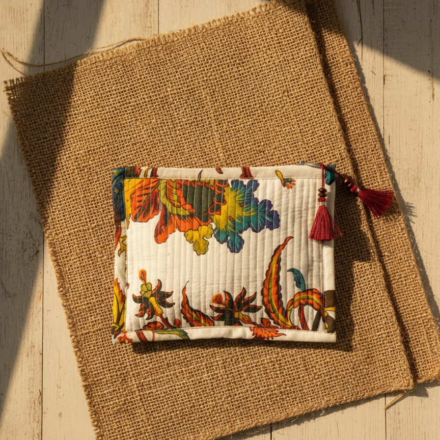 White Multicolor Kalamkari Animal Print Cotton Pouch